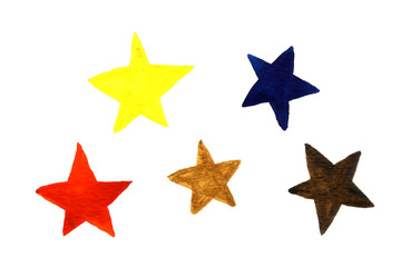 Watercolor illustration of celestial bodies. Hand drawn stars isolated on white background. Template for space banner or poster. Astronautics elements.