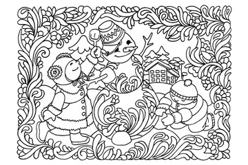 coloring book, snowman, children, boy and girl sculpt a snowman, patterns in the form of frost, antistress, black and white drawing, sketch, for children, for an adult, vector illustration