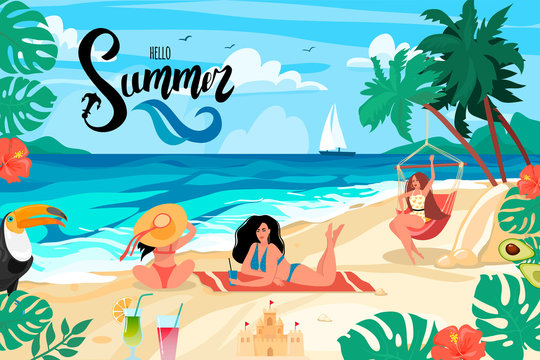 Summer bright postcard. Girls are resting on the sea coast. Hello summer lettering. Vector illustration. Cartoon design.