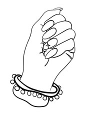 Woman's hand with long nails and ethnic bracelet. One line drawing. - 370975138