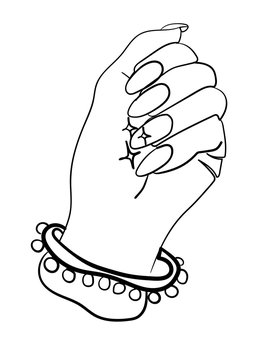 Woman's hand with long nails and ethnic bracelet. One line drawing.