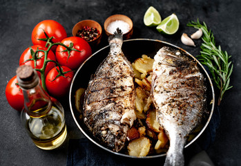 
fish, dorado, potatoes, fried potatoes, grilled, fried, seafood, lemon, lime, eat, lunch, dinner, cook, sea, rasputin, trout, healthy, food, cooking, spices, supper, isolated, gourmet, food, freshnes