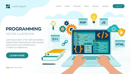 Programming banner, coding, best programming languages. Development and software concept. Computer code with windows on laptop screen. Workplace and working on laptop. Flat vector illustration.