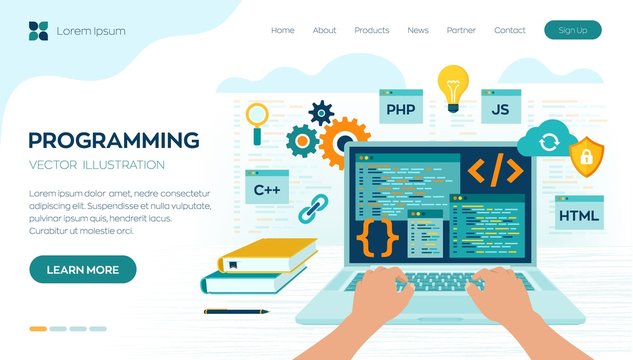 Programming banner, coding, best programming languages. Development and software concept. Computer code with windows on laptop screen. Workplace and working on laptop. Flat vector illustration.