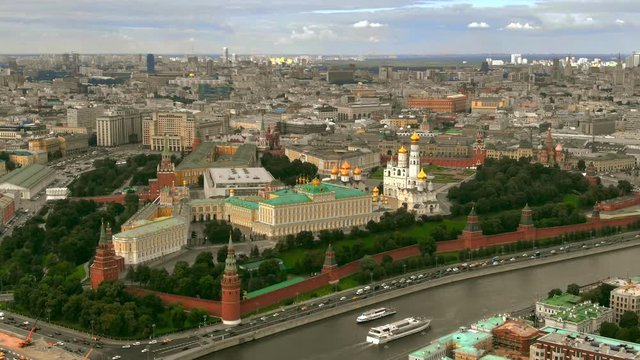 Aerial view of the Moscow Kremlin within cityscape of the centre of Moscow, Russia