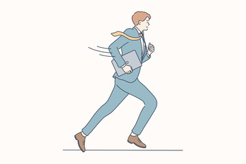 Business, rush, job, race, delay concept. Young motivated happy smiling businessman guy clerk manager cartoon character running with laptop. Participation in competition or hurry at work illustration.