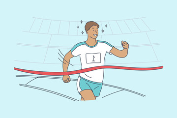 Triumph, sport, victory, success, championship concept. Young happy excited smiling african american man guy athlete runner crosses finish line with ribbon at human race. Goal achievement illustration