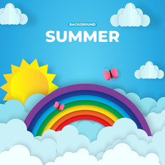 Beautiful fluffy clouds on blue sky background with summer sun, butterfly and rainbow. Vector illustration. Paper cut style. Place for text