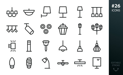 Lighting and Lamps icons set. Set of chandelier, ceiling light, track spotlight, garden lantern, solar solar garden light, ceiling fan, desk lamp, metal loft pendant, torchere vector isolated icon