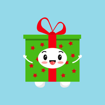 Cute Chistmas tooth in gift costume - green present with red bow icon in cartoon flat style isolated on white background. Happy New Year costume graphic design element single image vector illustration