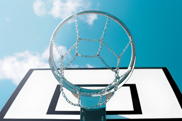Basketball hoop against the blue sky.