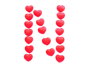 The letter N  is made up of small red hearts isolated on a white background. Bright red font.