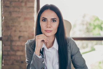 Photo of serious smart boss woman company owner have partnership collar meeting conference web cam...