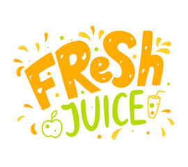 Hand drawn lettering of bright sticker for fresh juice