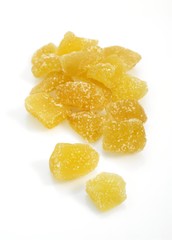 Cristallised Ginger, zingiber officinale against White background