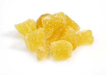 Cristallised Ginger, zingiber officinale against White background