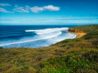 Overview of sunny Bells Beach, Great Ocean Road, Victoria, Australia