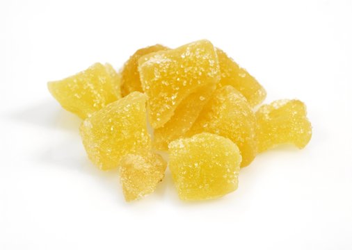 Cristallised Ginger, zingiber officinale against White background