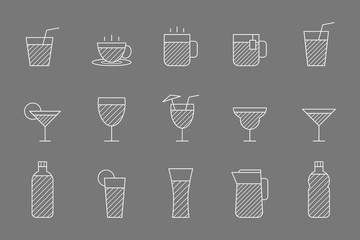 Soft drink Icons set - Vector outline symbols of water, soda, juice, cocktail, cup, can, mug, coffee, tea for the site or interface