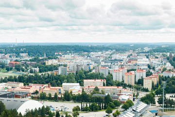 Fototapeta na wymiar Lahti, Finland - 4 August 2020: View to Lahti city from ski jump tower Suurmaki