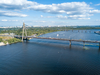 Aerial drone view of the North Bridge over the Dnieper in Kiev.