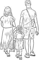 Fototapeta na wymiar Contour drawing of young family walking on a stroll together