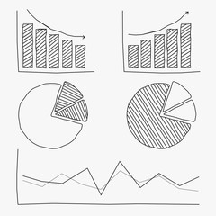 isolated black childish hand drawn lines art of graph, chart, diagram, pie, bar, line symbol for representation information of education, business, marketing, finance, investing etc. vector design.