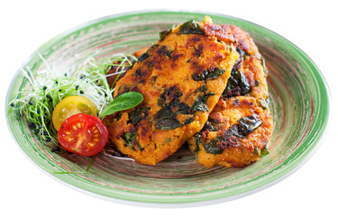 Crispy sweet potato fritters with spinach