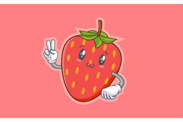 SMILING, HAPPY, UWU Face Emotion. Peace Hand Gesture. Red Strawberry Fruit Cartoon Drawing Mascot Illustration.