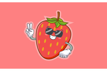 RELAXED, GLASSES, COOL Face Emotion. Peace Hand Gesture. Red Strawberry Fruit Cartoon Drawing Mascot Illustration.