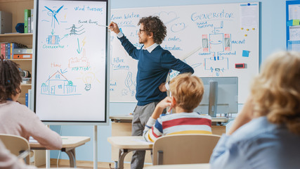 Elementary School Physics Teacher Uses Interactive Digital Whiteboard to Show to a Classroom full of Smart Diverse Children how Renewable Energy Works. Science Class with Kids Listening