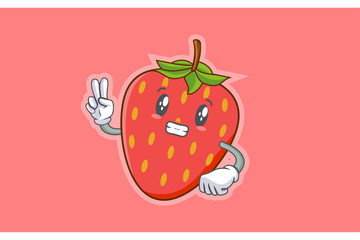 ANXIOUS, anxiously, anxiousness Face Emotion. Peace Hand Gesture. Red Strawberry Fruit Cartoon Drawing Mascot Illustration.