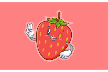 GRINNING WINK, HAPPY, cheerful Face Emotion. Peace Hand Gesture. Red Strawberry Fruit Cartoon Drawing Mascot Illustration.