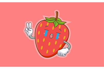 CRYING, SAD, SOB, CRY Face Emotion. Peace Hand Gesture. Red Strawberry Fruit Cartoon Drawing Mascot Illustration.