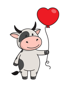Cute spotted bull or cow stands and holds red heart-shaped balloon in its hand. The bull is symbol of  New year 2021 according to the Eastern calendar. Vector stock flat illustration isolated on white