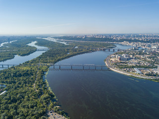 Aerial drone view of the Dnieper River in Kiev