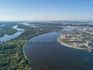 Aerial drone view of the Dnieper River in Kiev