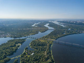 Aerial drone view of the Dnieper River in Kiev