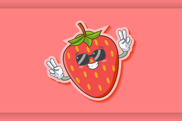 RELAXED, GLASSES, COOL Face Emotion. Double Peace Hand Gesture. Red Strawberry Fruit Cartoon Drawing Mascot Illustration.