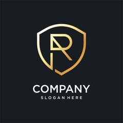 R logo with golden shield concept type R5, luxury, corporate, expensive, clean, company