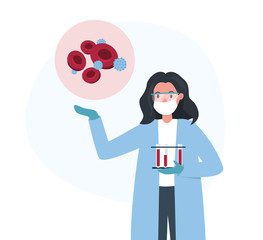 Woman scientists shows blood cells infected with virus. Flat vector illustration.