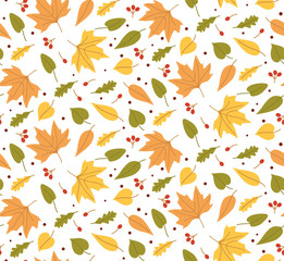 Obraz premium Autumn seamless pattern pattern wih colorful leaves. Flat vector illustration.