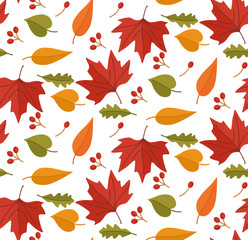 Colorful autumn leaves seamless pattern. Fall season. Flat vector illustration.