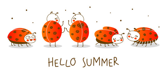 Group of cute little ladybugs isolated on white background - cartoon border for funny design