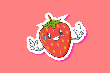 NERVOUS, PHEW, DISAPPOINTED, RELIEVED Face Emotion. Double Finger Gun Hand Gesture. Red Strawberry Fruit Cartoon Drawing Mascot Illustration.