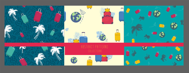 Fototapeta na wymiar set of Seamless pattern with travelers suitcases. Vector texture for wrapping paper, wallpaper and your creativity. Lettering Time to travel on blue background
