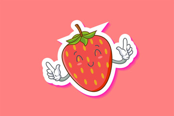 SMILING, HAPPY, RELIEVED Face Emotion. Double Finger Gun Hand Gesture. Red Strawberry Fruit Cartoon Drawing Mascot Illustration.