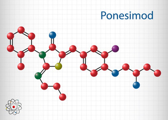 Ponesimod, experimental anti-inflammatory drug molecule. Treatment of multiple sclerosis MS and psoriasis. Sheet of paper in a cage