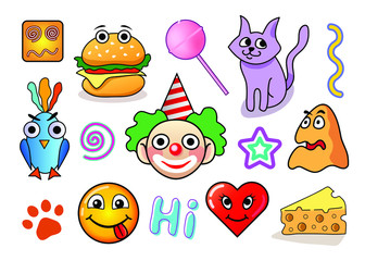 set of funny stickers, vector collection of colored characters, clown, heart, smiling face, cat, bird for your design and social media isolated on white background