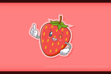 GRINNING WINK, HAPPY, cheerful Face Emotion. Forefinger Hand Gesture. Red Strawberry Fruit Cartoon Drawing Mascot Illustration.
